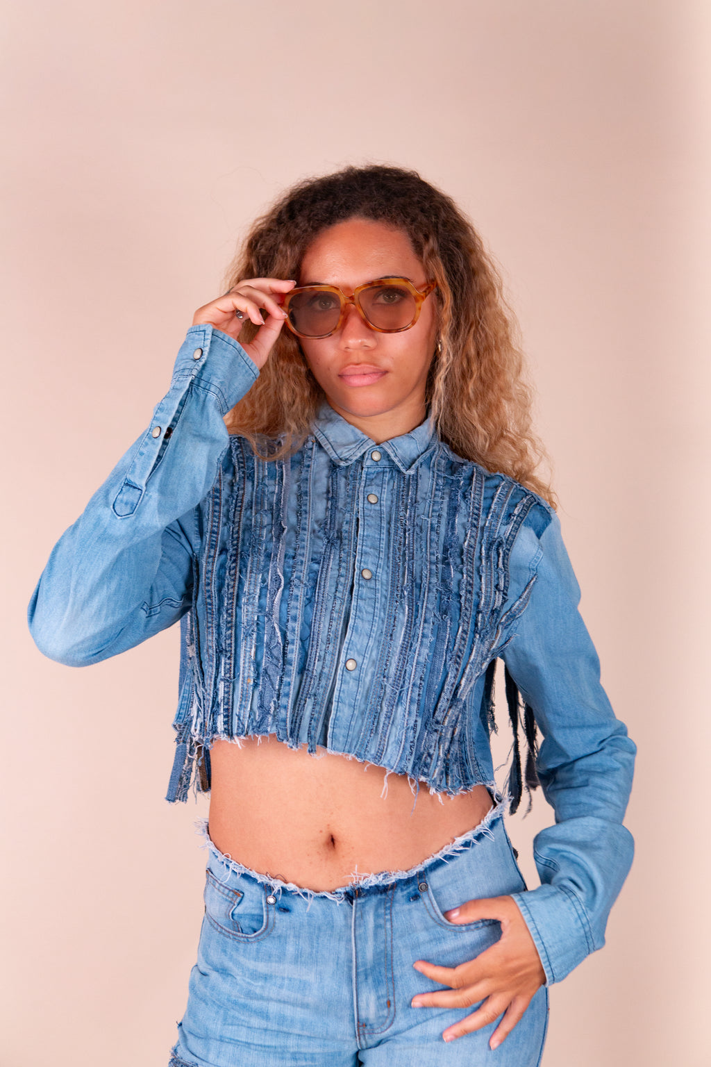 Reworked Denim Cropped Fringe Shirt