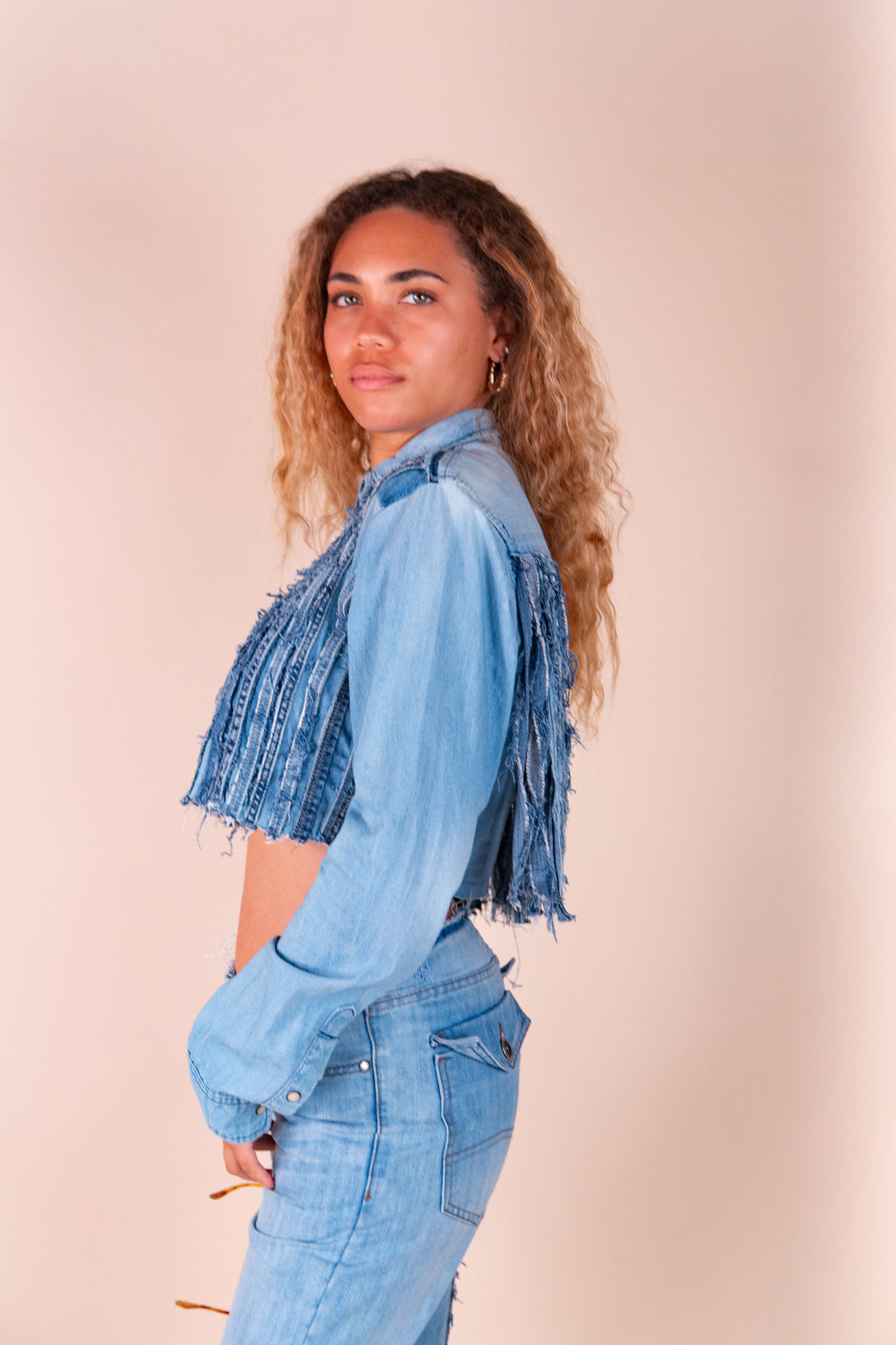 Reworked Denim Cropped Fringe Shirt
