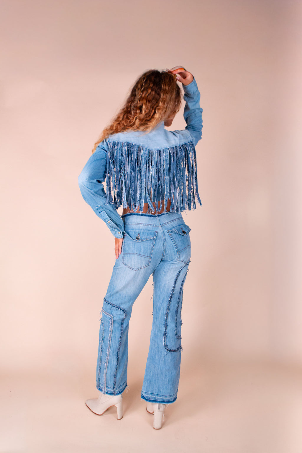 Reworked Denim Cropped Fringe Shirt