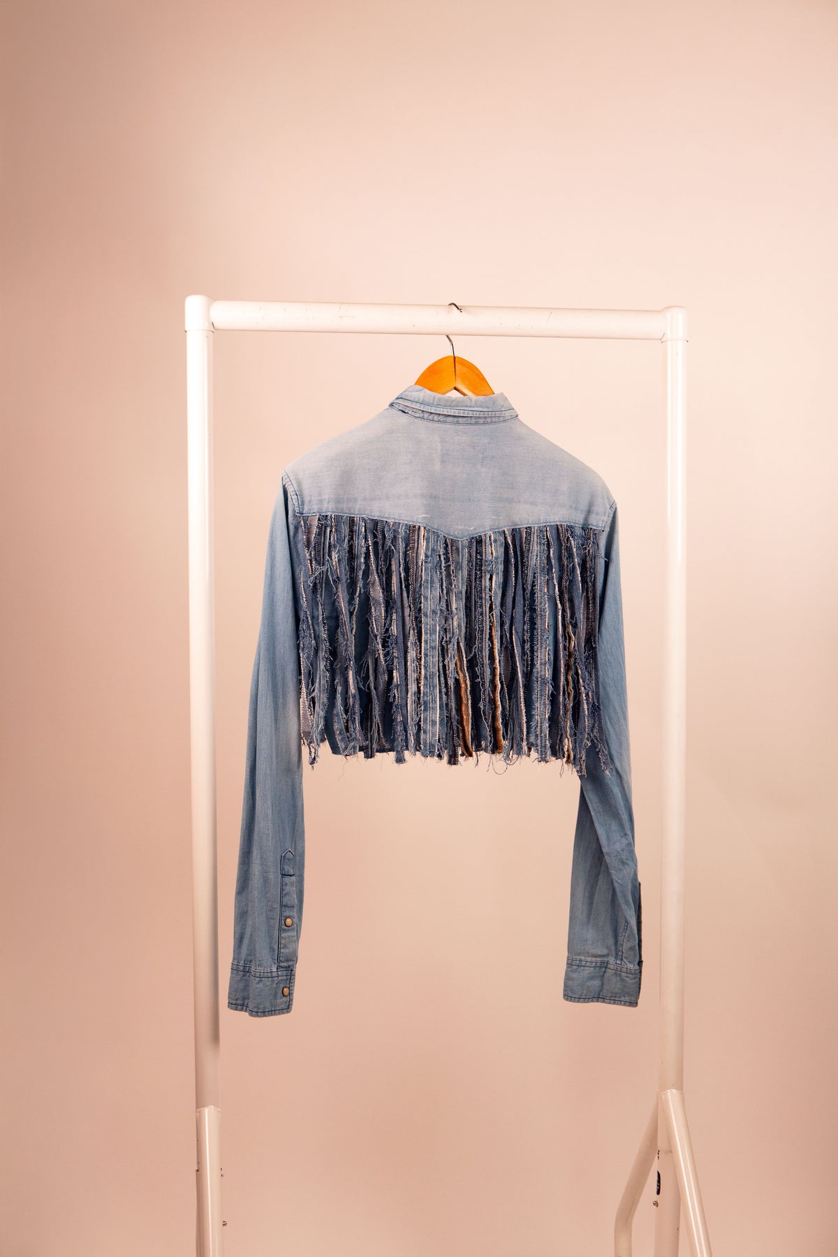 Reworked Denim Cropped Fringe Shirt