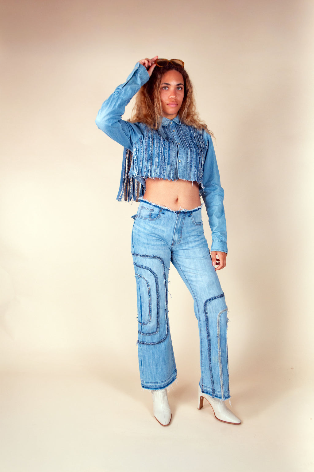 Reworked Denim Cropped Fringe Shirt